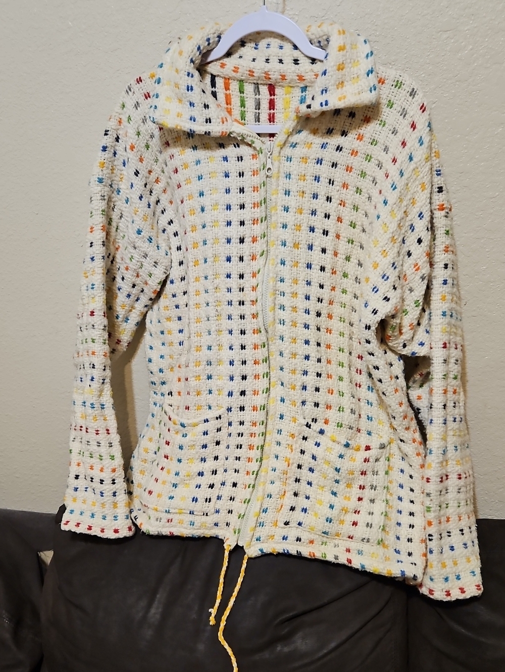 Cream Multicolor Wool Waffle Zip Cardigan Sweater